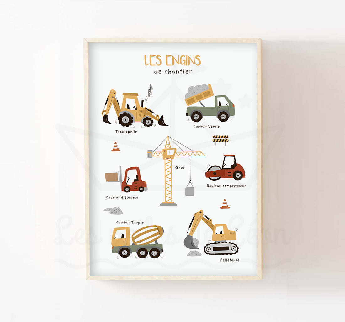 Affiche engins de chantier enfant présentant 7 véhicules de construction en style aquarelle sur fond blanc.