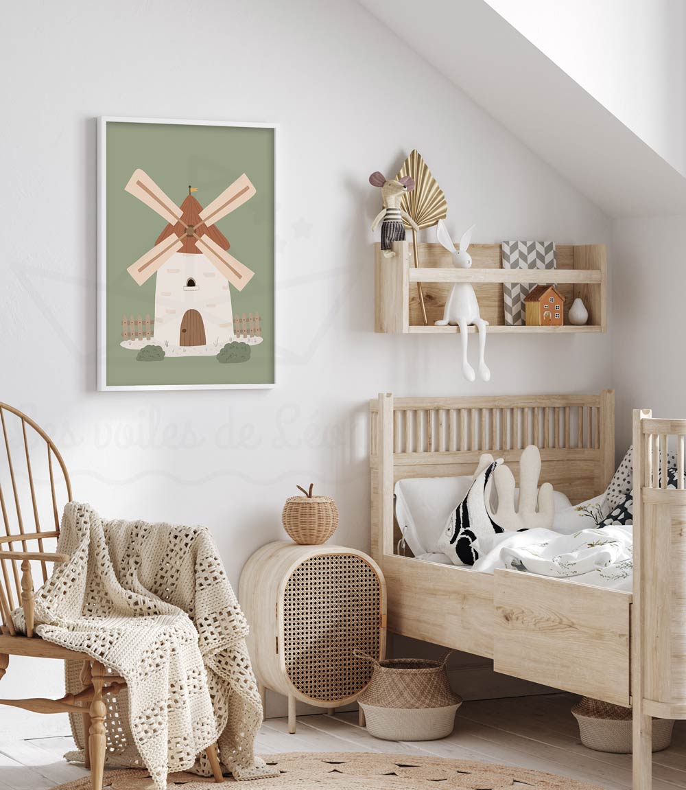 cadre moulin fond vert décoration murale chambre ferme bébé