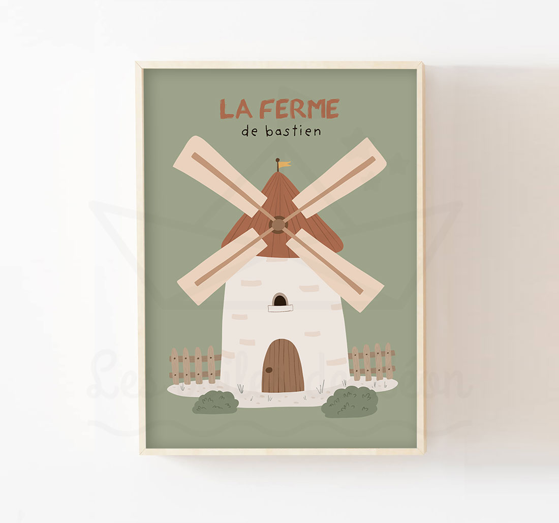 Décoration murale ferme - Affiche moulin chambre bébé prénom