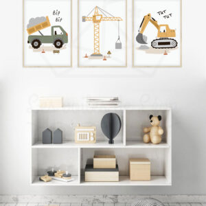 Véhicules Chantier – Camion benne Grue Pelleteuse – Trio Affiches personnalisées