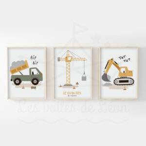 Véhicules Chantier – Camion benne Grue Pelleteuse – Trio Affiches personnalisées