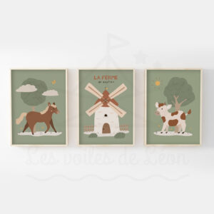 Animaux de la ferme – Cheval Moulin Vache – Trio Affiches personnalisées