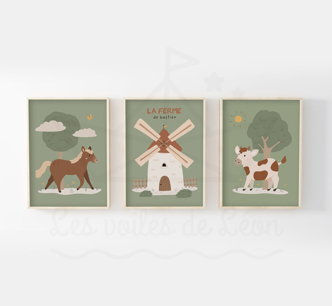 Décoration chambre enfant ferme - Lot de 3 posters avec prénom vert