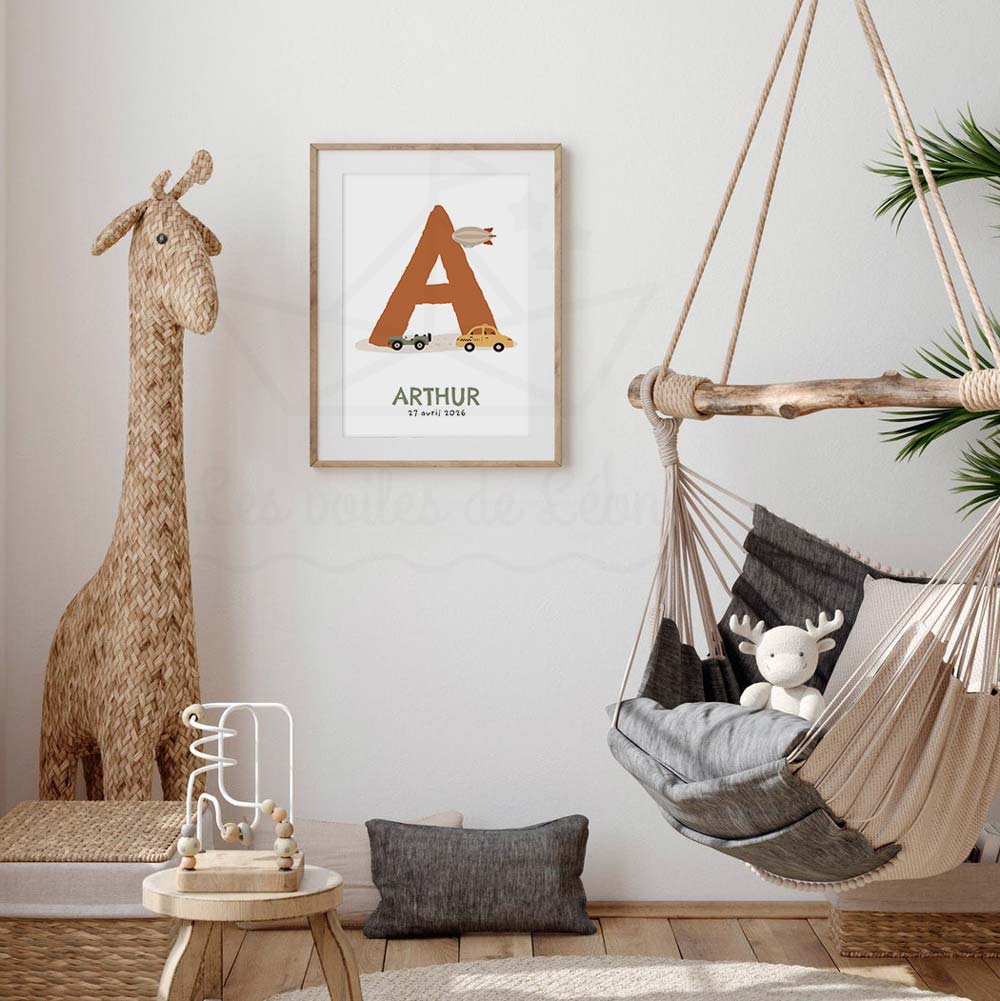 cadre initiale prénom date art mural chambre garçon véhicules