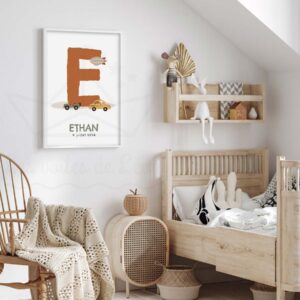 🚜 Initiale prénom Véhicules – Poster éducatif pour enfant