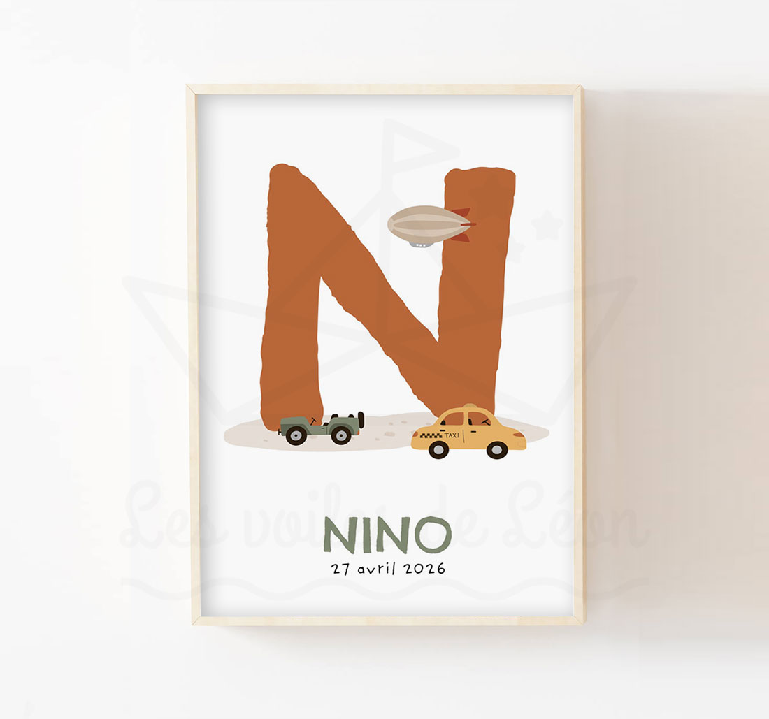 affiche initiale bébé véhicules - Poster éducatif prénom garçon 🚒