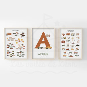 Véhicules – Abécédaire Initiale Chiffres – Trio Affiches éducatives