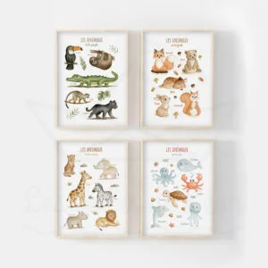 Lot de Posters Animaux du Monde – Pack de 4 Affiches Éducatives Chambre Bébé