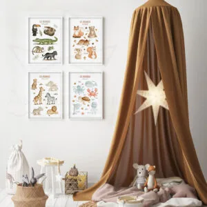 Lot de Posters Animaux du Monde – Pack de 4 Affiches Éducatives Chambre Bébé