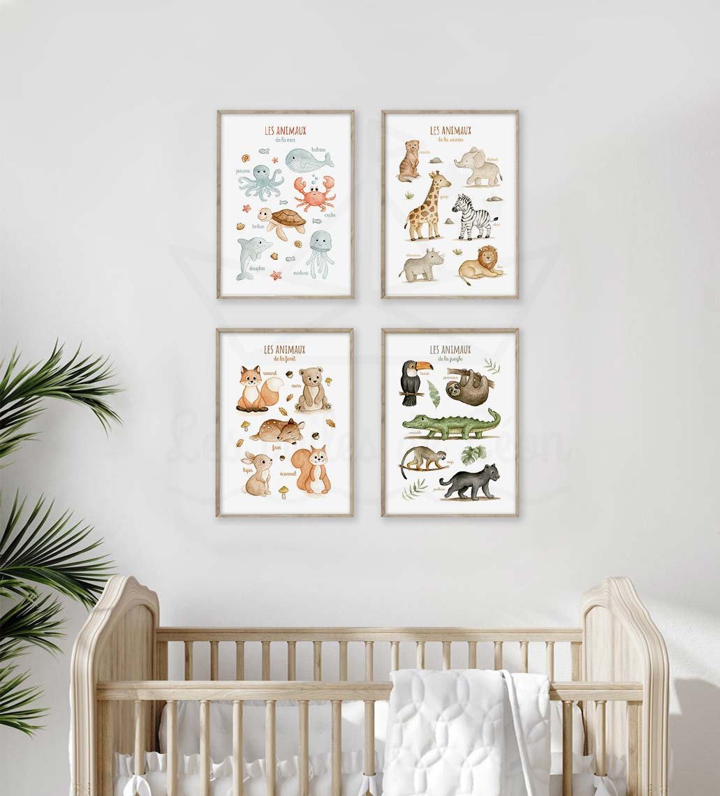 cadres animaux de la foret mer savane et jungle décoration murale éducative bébé