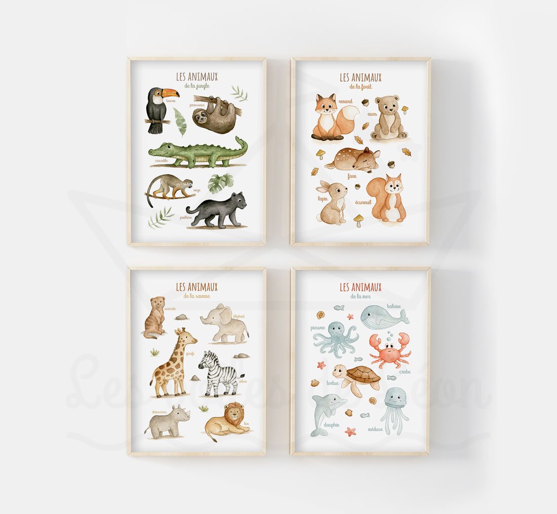 Lot affiches éducatives animaux - posters chambre enfant aquarelle