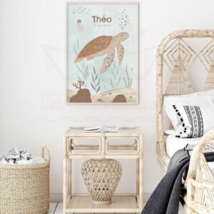 Affiche Tortue enfant – Aquarelle personnalisable prénom