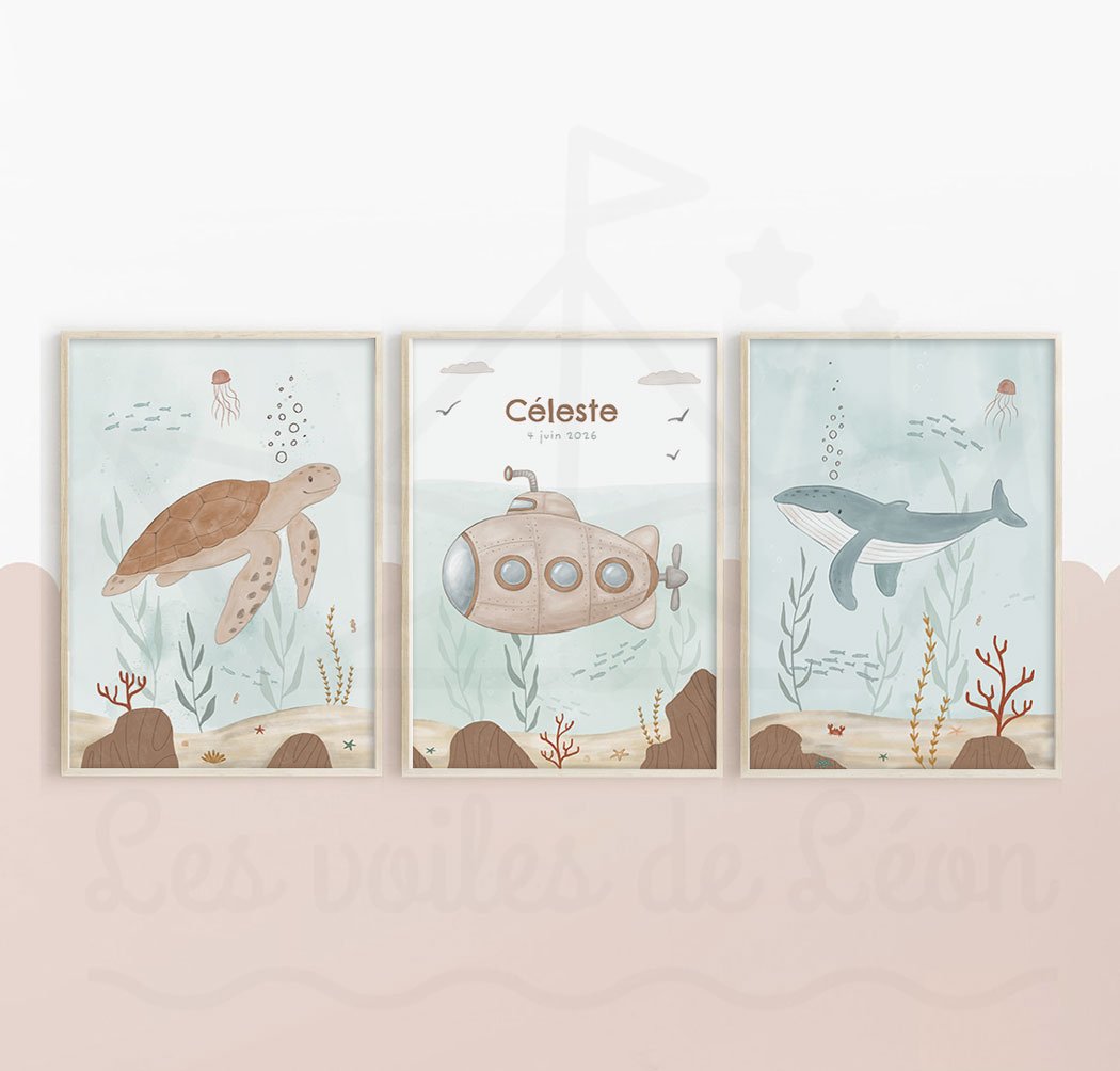 cadres tortue sous-marin baleine décoration personnalisée chambre fille mer