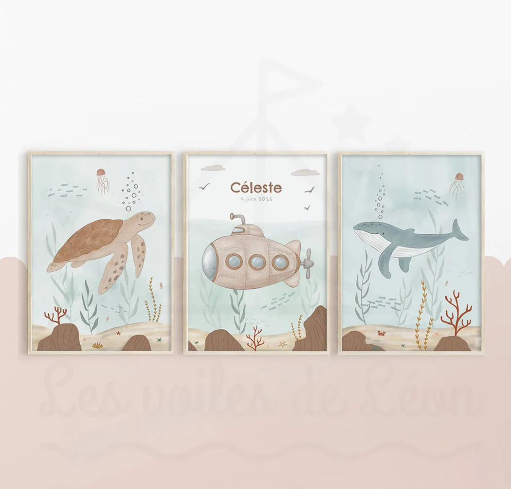 Affiches personnalisables prénom et date de naissance mer