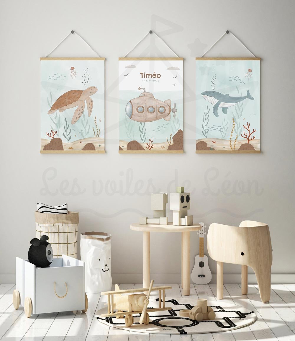 cadres tortue sous-marin baleine décoration personnalisée chambre garçon mer