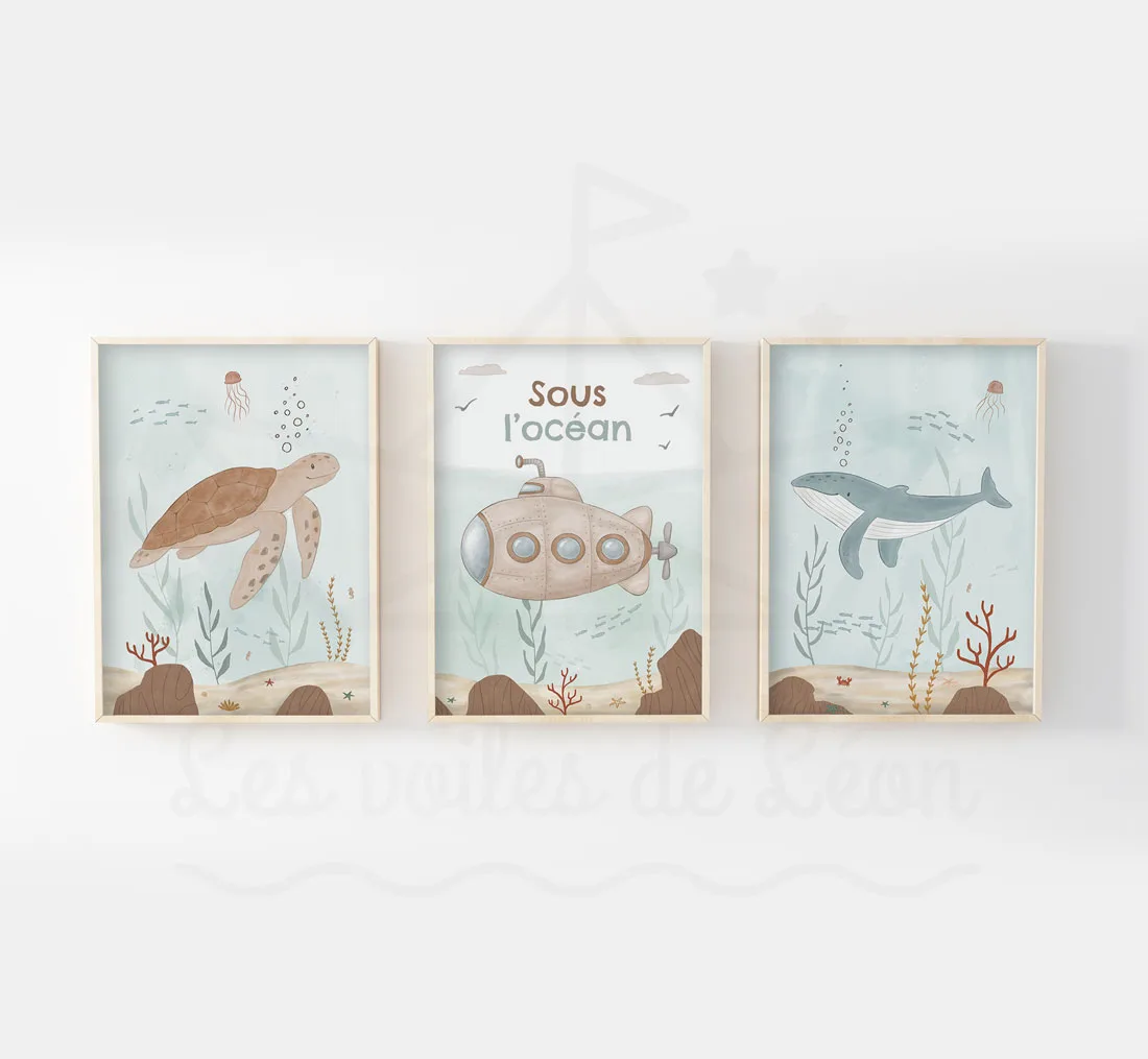 Décoration murale mer enfant set de 3 affiches aquarelles