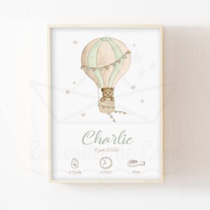 Affiche Naissance Personnalisée Ourson en Montgolfière