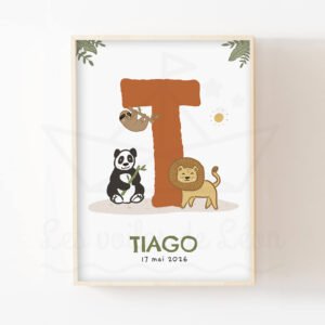 Affiche Jungle Enfant – Poster Initiale Animaux et Prénom Personnalisé