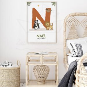 Affiche Jungle Enfant – Poster Initiale Animaux et Prénom Personnalisé