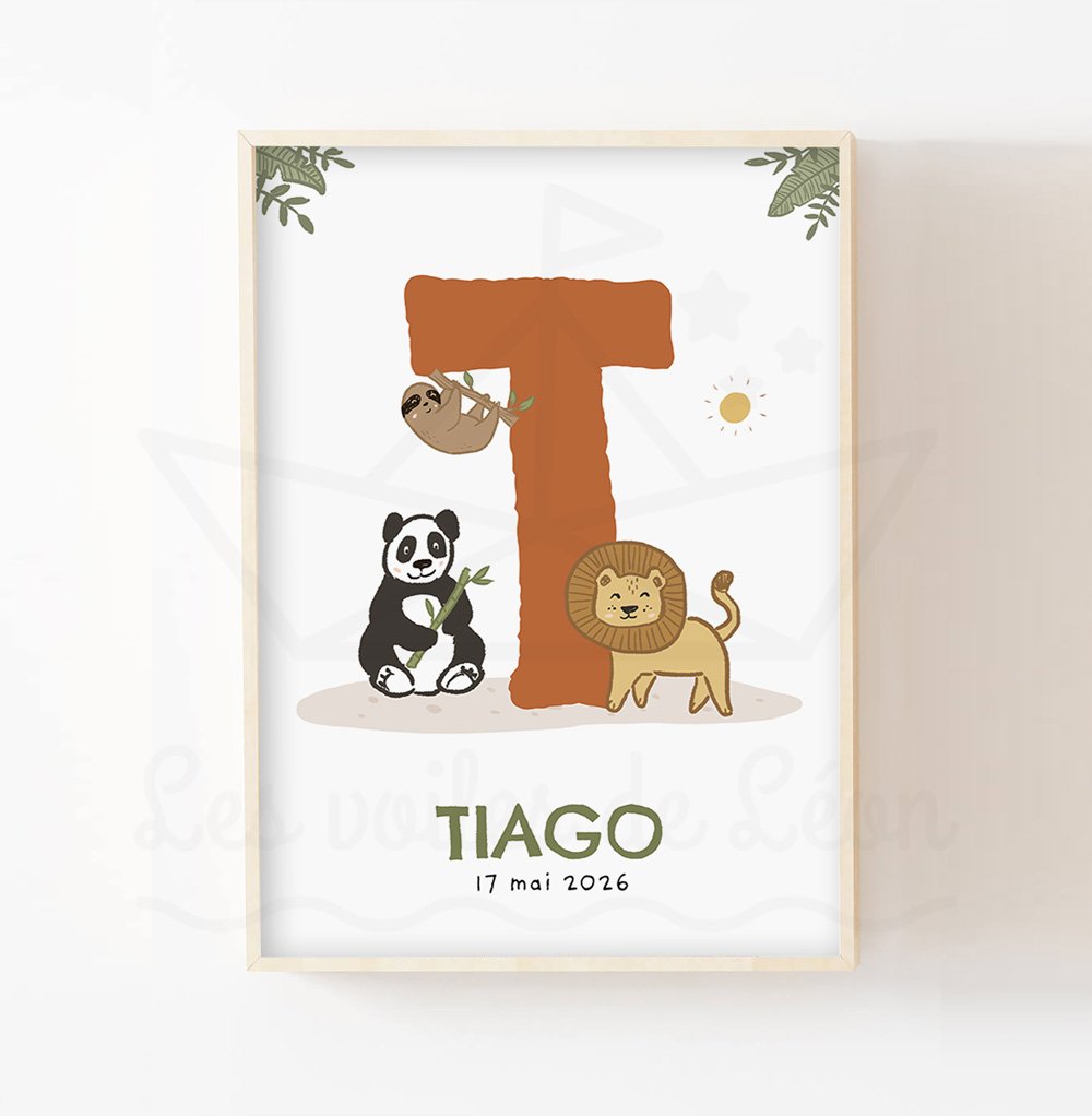 Affiche jungle enfant initiale personnalisée prénom naissance animaux lion panda ocre