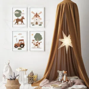 Décoration Murale Enfant – Lot de 4 Affiches la Ferme (Cheval, Vache, Tracteur, Moulin)