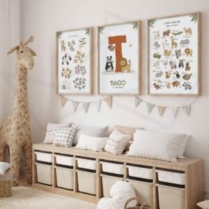 Affiche Abécédaire Animaux Personnalisé Prénom – Lot de 3 Posters Éducatifs Savane et Chiffres