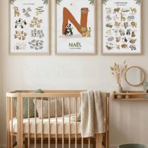 Affiche Abécédaire Animaux Personnalisé Prénom – Lot de 3 Posters Éducatifs Savane et Chiffres