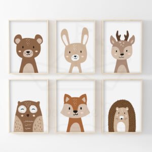 Lot de 6 Affiches Animaux de la Forêt – Collection Posters Ours, Lapin, Cerf, Hibou, Renard et Hérisson