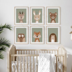 Lot de 6 Affiches Animaux de la Forêt – Collection Posters Ours, Lapin, Cerf, Hibou, Renard et Hérisson