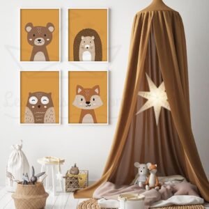 Lot de 4 Affiches Animaux de la Forêt – Collection Ours, Hibou, Renard et Hérisson