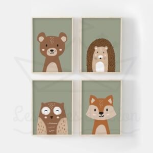 Lot de 4 Affiches Animaux de la Forêt – Collection Ours, Hibou, Renard et Hérisson