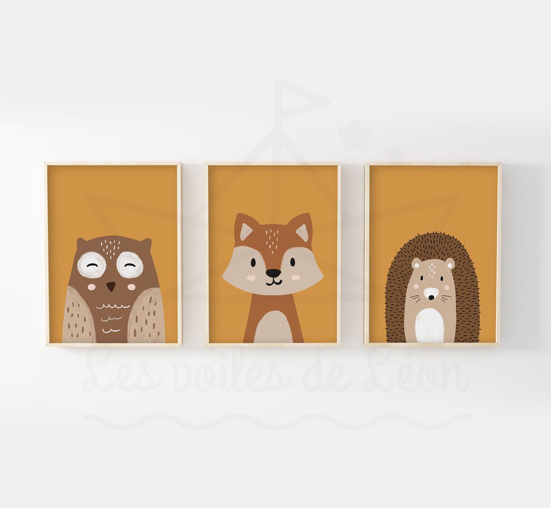 cadres hérisson renard hibou jaune moutarde déco murale animaux forêt