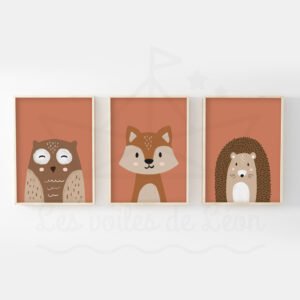Lot de 3 Affiches Personnalisables – Portraits d’Animaux de la Forêt (Hibou, Renard et Hérisson)