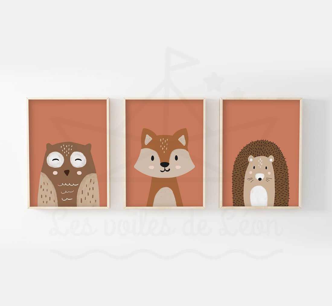Triptyque animaux de la foret lot 3 posters portraits hibou renard herisson
