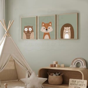 Lot de 3 Affiches Personnalisables – Portraits d’Animaux de la Forêt (Hibou, Renard et Hérisson)