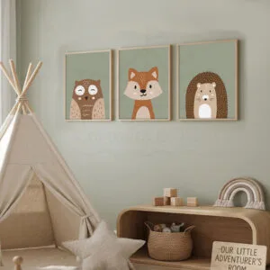 Lot de 3 Affiches Personnalisables – Portraits d’Animaux de la Forêt (Hibou, Renard et Hérisson)