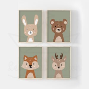 Quatuor d&rsquo;Affiches Animaux De La Forêt – Lapin Ours Renard Cerf