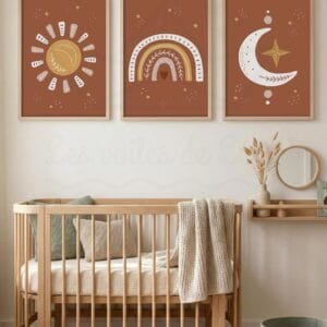 Trio d&rsquo;Affiches Personnalisées Bohème Terracotta – Soleil, Arc-en-Ciel & Lune