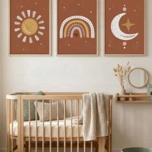 Trio d&rsquo;Affiches Personnalisées Bohème Terracotta – Soleil, Arc-en-Ciel & Lune