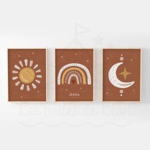 Trio d&rsquo;Affiches Personnalisées Bohème Terracotta – Soleil, Arc-en-Ciel & Lune