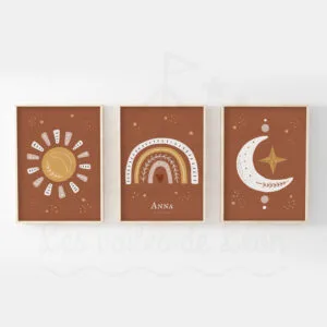 Trio d&rsquo;Affiches Personnalisées Bohème Terracotta – Soleil, Arc-en-Ciel & Lune