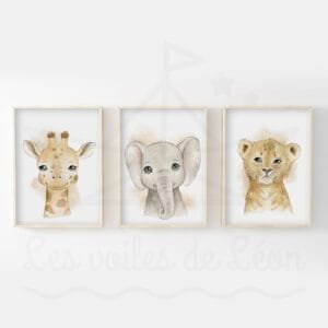 Décoration Murale Enfant – Lot de 3 Affiches Animaux de la Savane à l&rsquo;Aquarelle (Lion, Girafe, Éléphant)