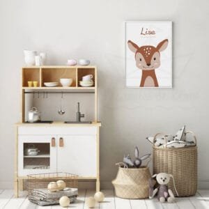 Affiche Enfant Biche Personnalisée avec Prénom – Illustration Douce Forêt
