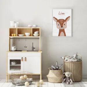 Affiche Enfant Biche Personnalisée avec Prénom – Illustration Douce Forêt
