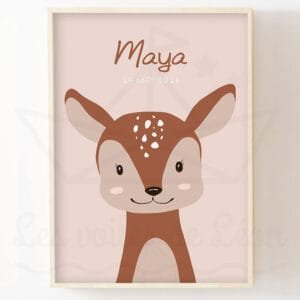 Affiche Enfant Biche Personnalisée avec Prénom – Illustration Douce Forêt