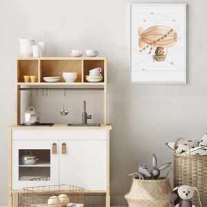 Affiche Enfant Lionceau en Dirigeable Aquarelle Personnalisée – Prénom & Date
