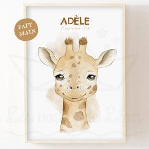 Affiche Bébé Girafe à l’Aquarelle Personnalisée – Prénom & Date de Naissance