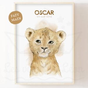 Affiche Bébé Lionceau à l’Aquarelle Personnalisée – Prénom & Date de Naissance