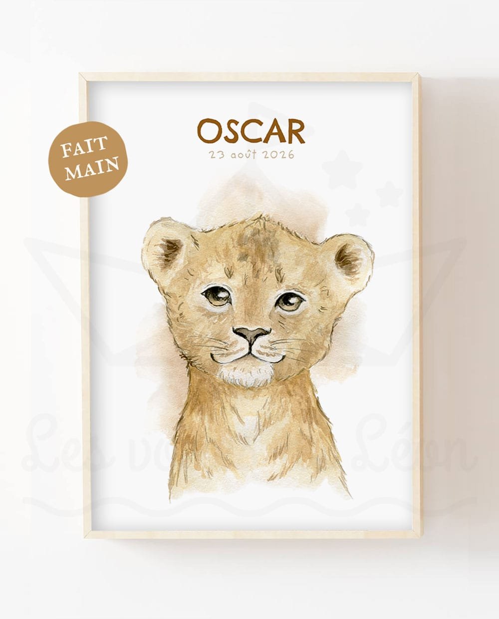 Affiche lionceau aquarelle personnalisee prenom date naissance papier texture