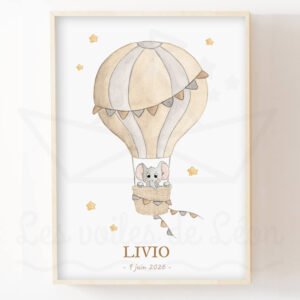 Affiche Enfant Éléphant Montgolfière Aquarelle Personnalisée – Prénom & Date